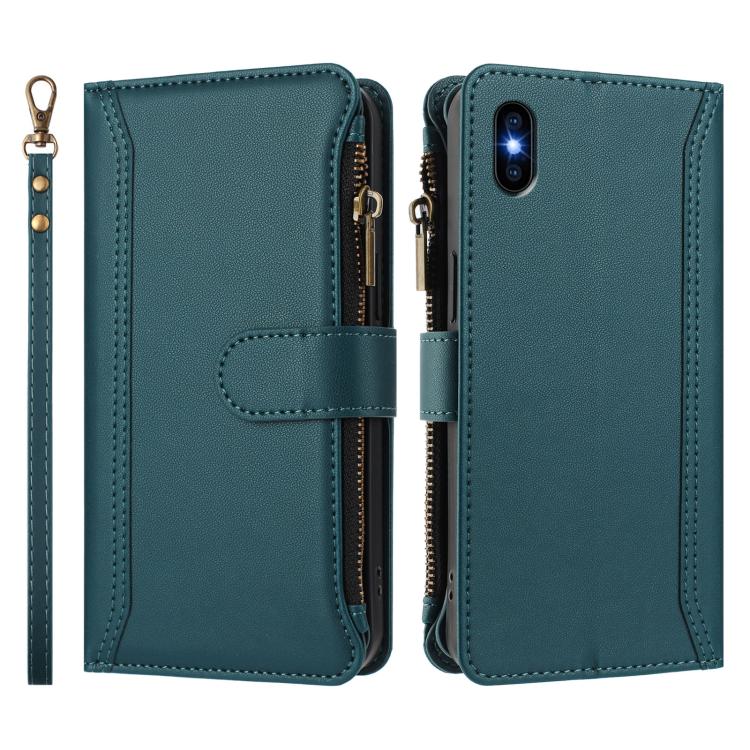 For iPhone XS Max Magnetic Closure 9 Card Slots Zipper Leather Case with Hand Strap