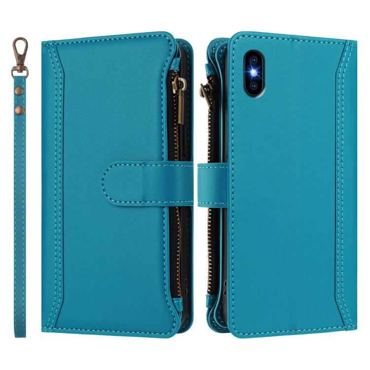 For iPhone XS Max Magnetic Closure 9 Card Slots Zipper Leather Case with Hand Strap