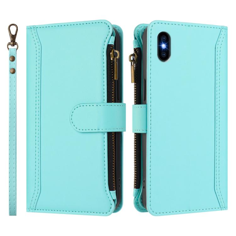 For iPhone XS Max Magnetic Closure 9 Card Slots Zipper Leather Case with Hand Strap