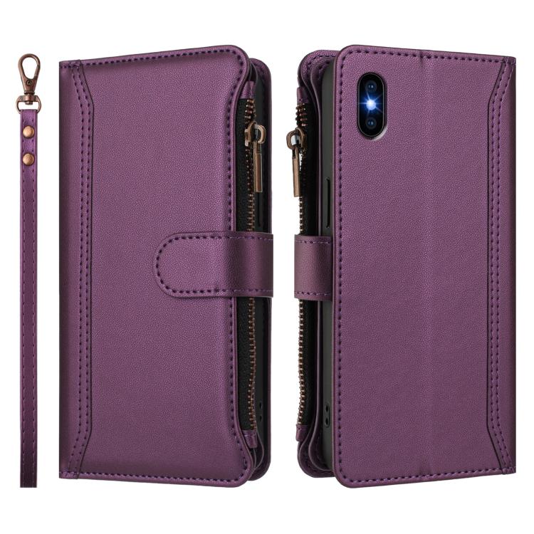 For iPhone XS Max Magnetic Closure 9 Card Slots Zipper Leather Case with Hand Strap
