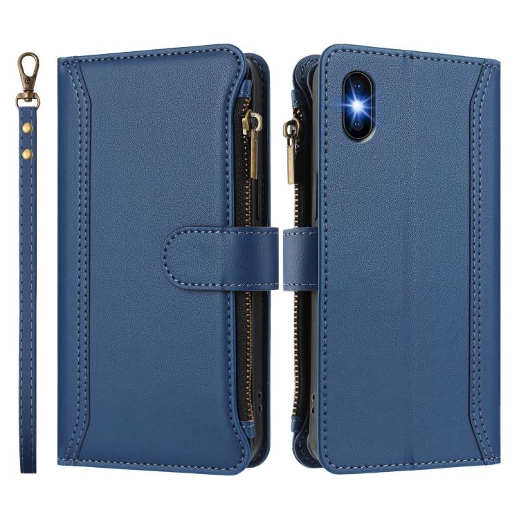 For iPhone XS / X Magnetic Closure 9 Card Slots Zipper Leather Case with Hand Strap
