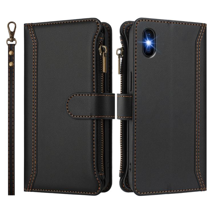 For iPhone XS / X Magnetic Closure 9 Card Slots Zipper Leather Case with Hand Strap