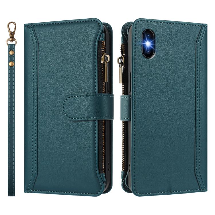 For iPhone XS / X Magnetic Closure 9 Card Slots Zipper Leather Case with Hand Strap