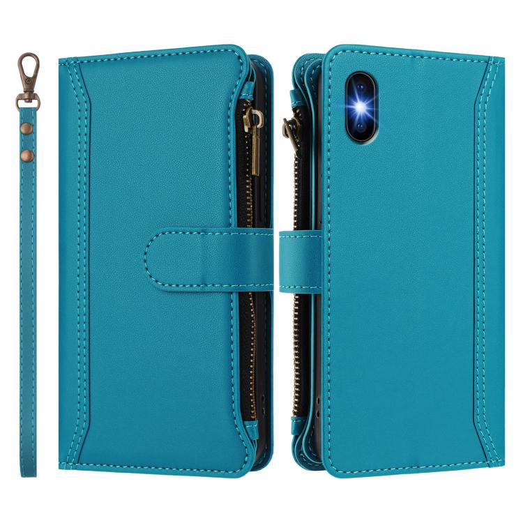 For iPhone XS / X Magnetic Closure 9 Card Slots Zipper Leather Case with Hand Strap