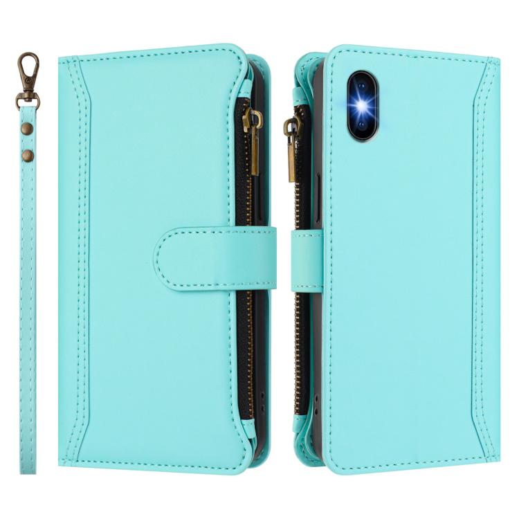 For iPhone XS / X Magnetic Closure 9 Card Slots Zipper Leather Case with Hand Strap