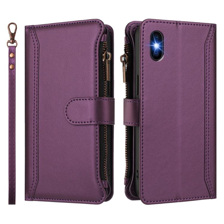 For iPhone XS / X Magnetic Closure 9 Card Slots Zipper Leather Case with Hand Strap