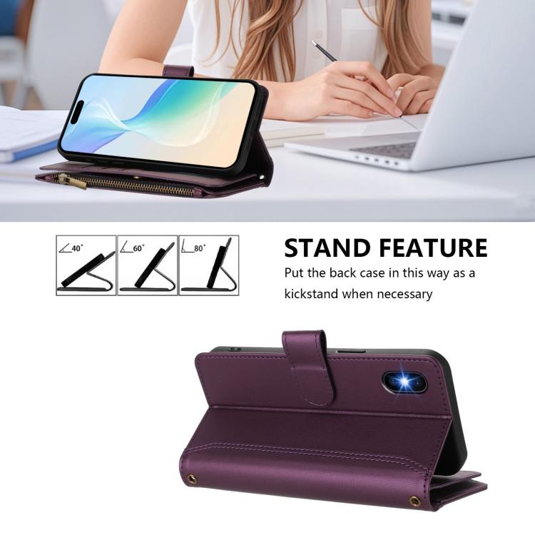 For iPhone XS / X Magnetic Closure 9 Card Slots Zipper Leather Case with Hand Strap