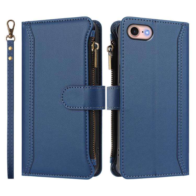For iPhone SE 2022 / 2020 / 8 / 7 Magnetic Closure 9 Card Slots Zipper Leather Case with Hand Strap