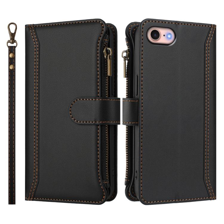 For iPhone SE 2022 / 2020 / 8 / 7 Magnetic Closure 9 Card Slots Zipper Leather Case with Hand Strap