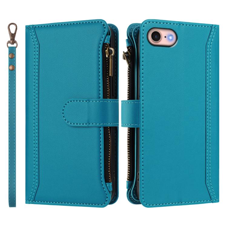 For iPhone SE 2022 / 2020 / 8 / 7 Magnetic Closure 9 Card Slots Zipper Leather Case with Hand Strap