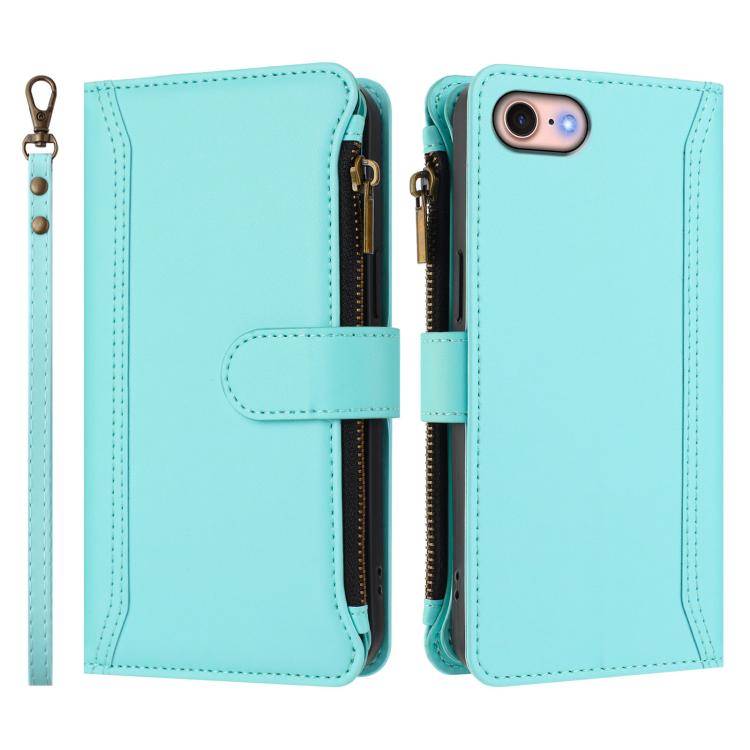 For iPhone SE 2022 / 2020 / 8 / 7 Magnetic Closure 9 Card Slots Zipper Leather Case with Hand Strap