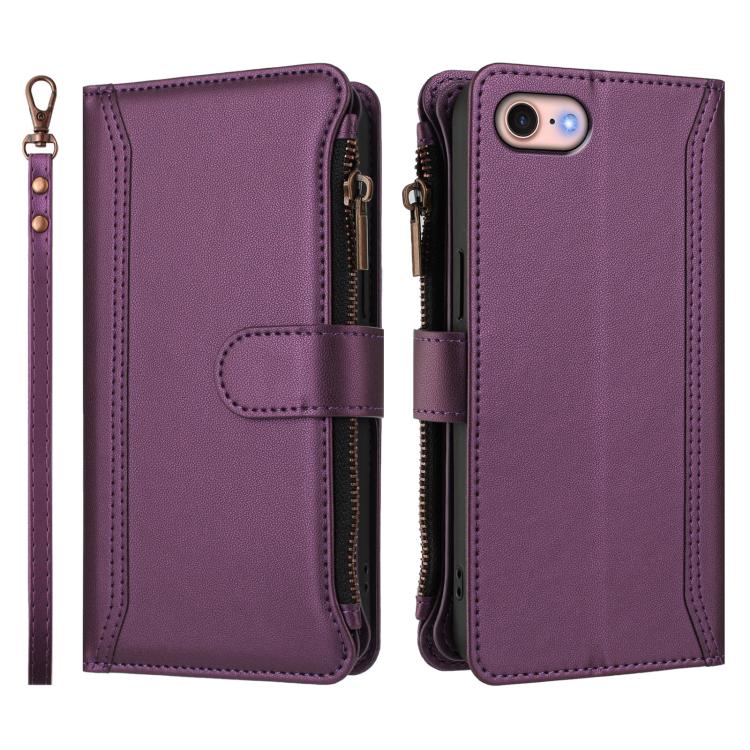 For iPhone SE 2022 / 2020 / 8 / 7 Magnetic Closure 9 Card Slots Zipper Leather Case with Hand Strap