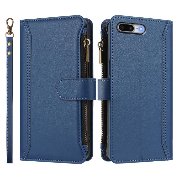 For iPhone 8 Plus / 7 Plus Magnetic Closure 9 Card Slots Zipper Leather Case with Hand Strap