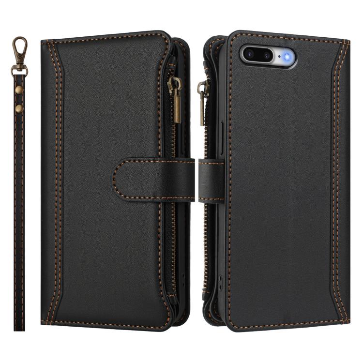 For iPhone 8 Plus / 7 Plus Magnetic Closure 9 Card Slots Zipper Leather Case with Hand Strap