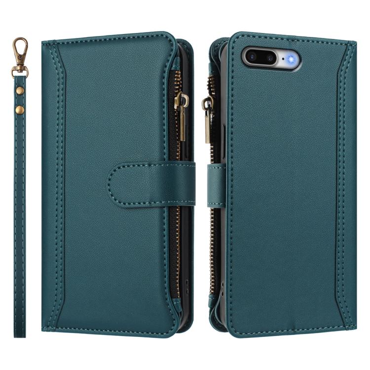 For iPhone 8 Plus / 7 Plus Magnetic Closure 9 Card Slots Zipper Leather Case with Hand Strap