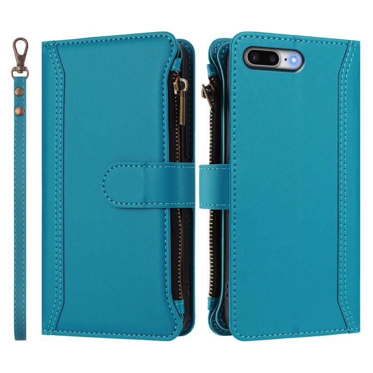For iPhone 8 Plus / 7 Plus Magnetic Closure 9 Card Slots Zipper Leather Case with Hand Strap