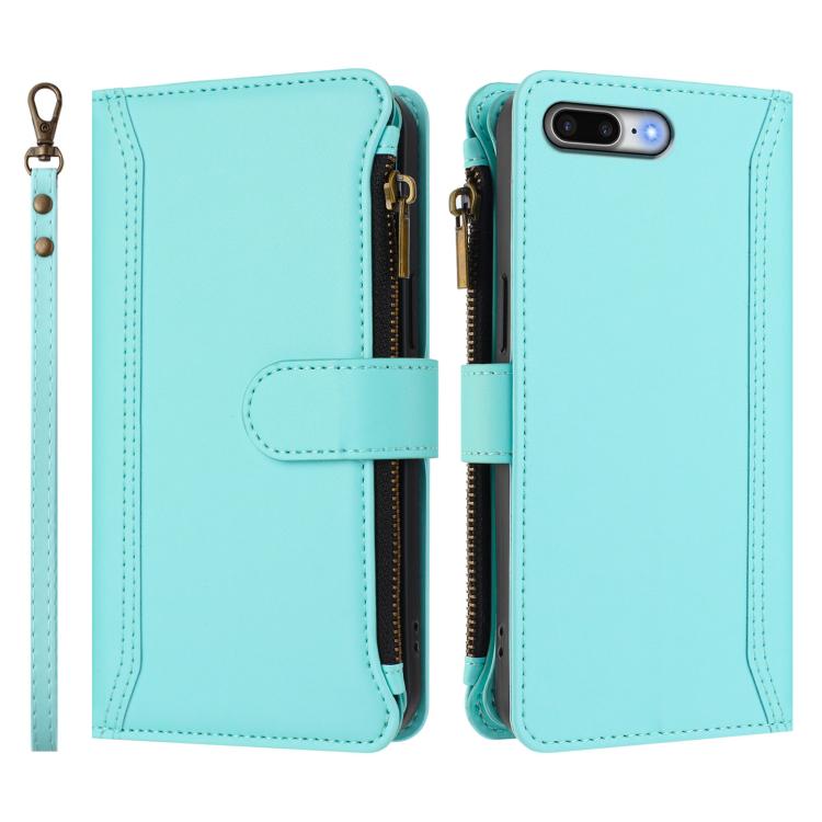 For iPhone 8 Plus / 7 Plus Magnetic Closure 9 Card Slots Zipper Leather Case with Hand Strap