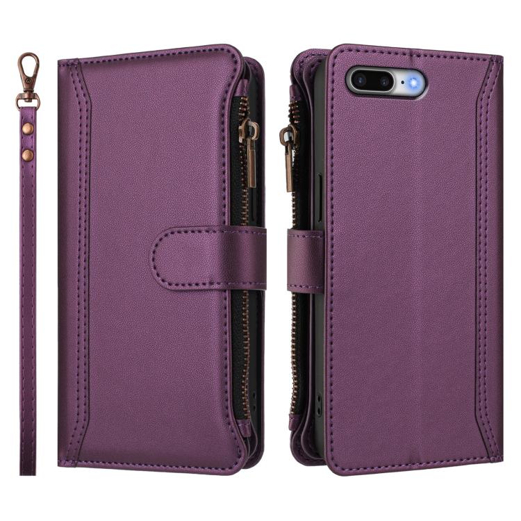For iPhone 8 Plus / 7 Plus Magnetic Closure 9 Card Slots Zipper Leather Case with Hand Strap