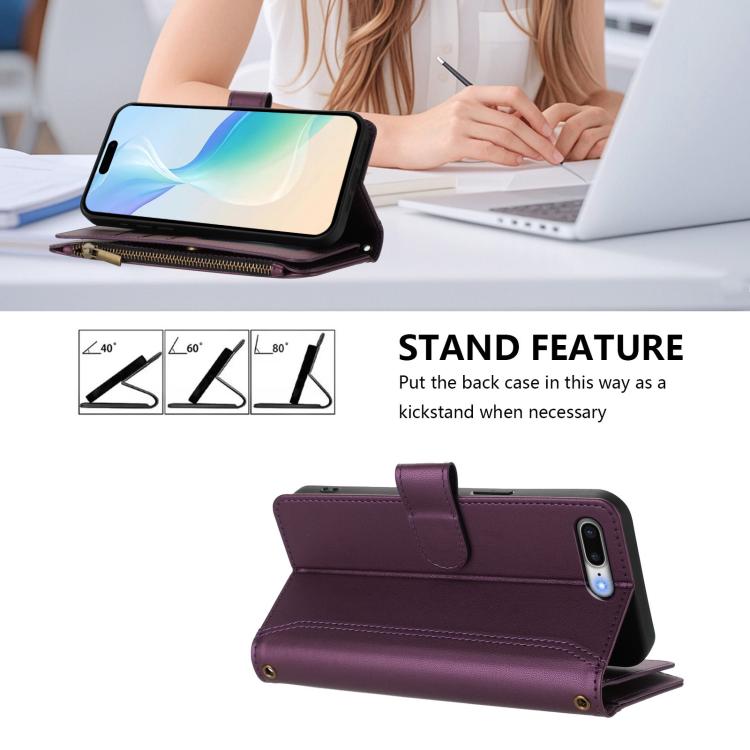 For iPhone 8 Plus / 7 Plus Magnetic Closure 9 Card Slots Zipper Leather Case with Hand Strap