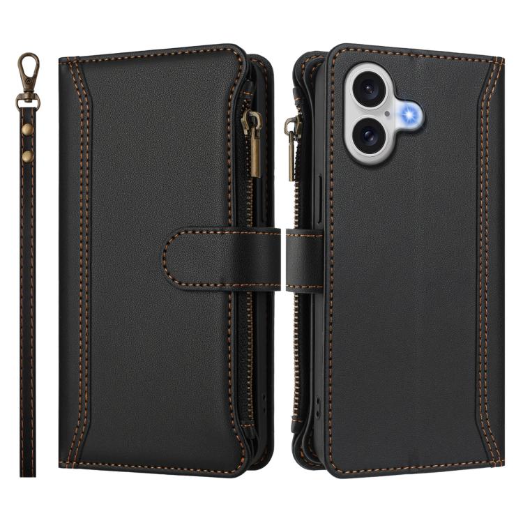 For iPhone 17 Magnetic Closure 9 Card Slots Zipper Leather Case with Hand Strap