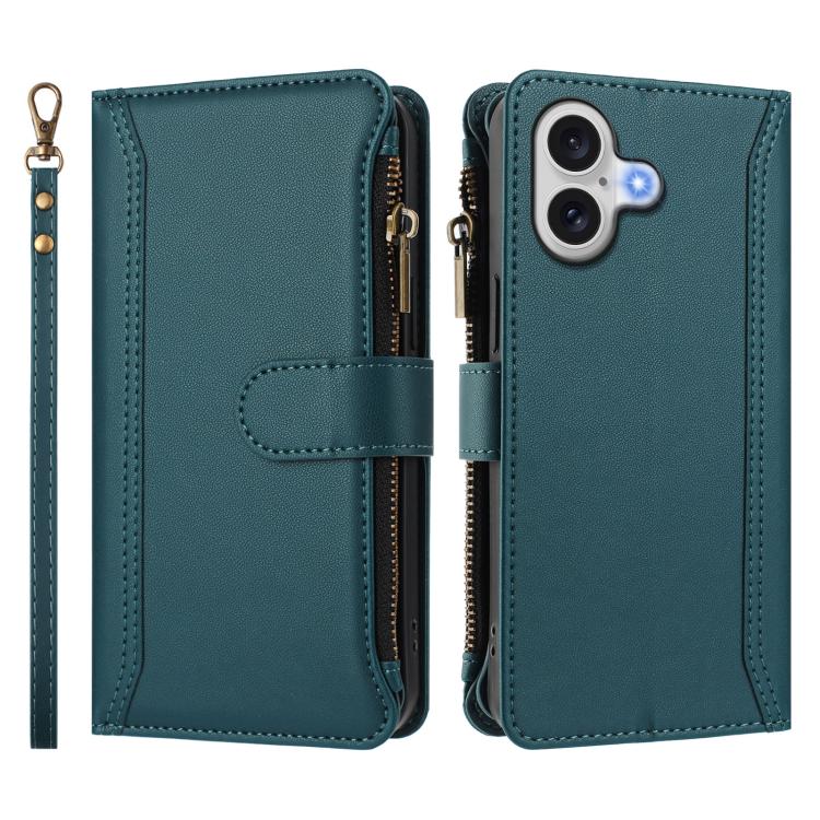 For iPhone 17 Magnetic Closure 9 Card Slots Zipper Leather Case with Hand Strap