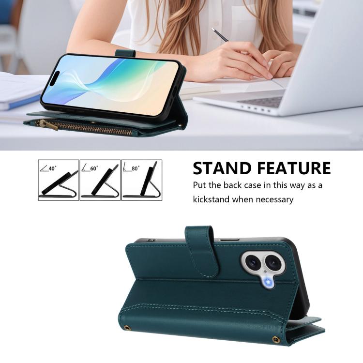 For iPhone 17 Magnetic Closure 9 Card Slots Zipper Leather Case with Hand Strap