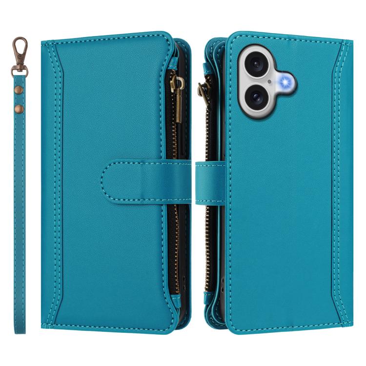 For iPhone 17 Magnetic Closure 9 Card Slots Zipper Leather Case with Hand Strap