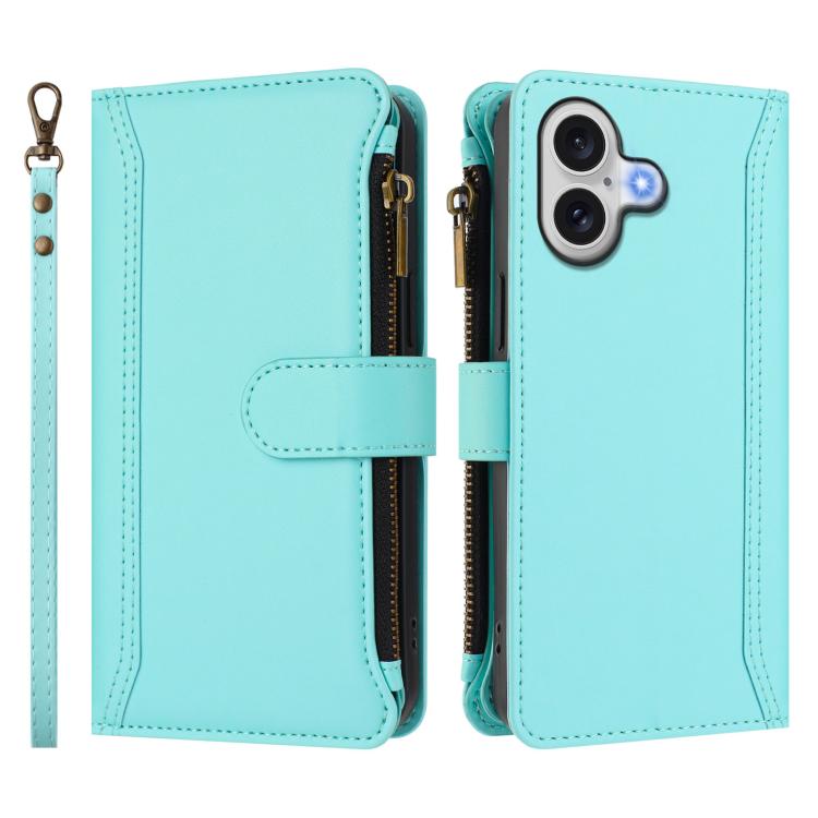 For iPhone 17 Magnetic Closure 9 Card Slots Zipper Leather Case with Hand Strap
