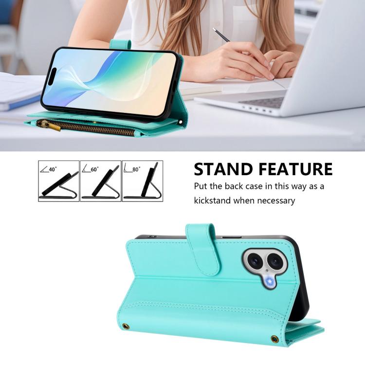 For iPhone 17 Magnetic Closure 9 Card Slots Zipper Leather Case with Hand Strap
