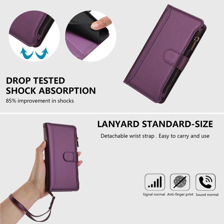 For iPhone 17 Magnetic Closure 9 Card Slots Zipper Leather Case with Hand Strap