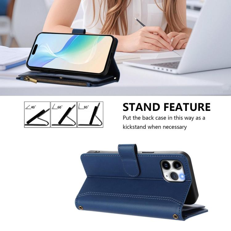For iPhone 17 Pro Magnetic Closure 9 Card Slots Zipper Leather Case with Hand Strap