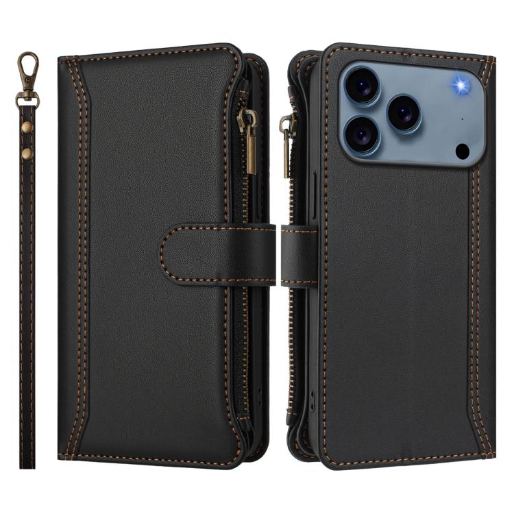 For iPhone 17 Pro Magnetic Closure 9 Card Slots Zipper Leather Case with Hand Strap