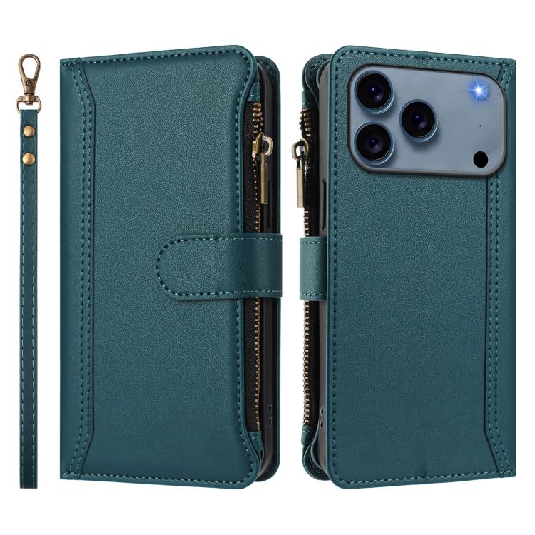 For iPhone 17 Pro Magnetic Closure 9 Card Slots Zipper Leather Case with Hand Strap
