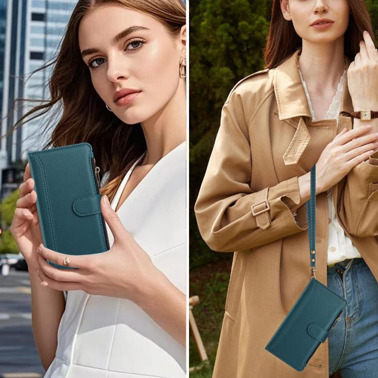 For iPhone 17 Pro Magnetic Closure 9 Card Slots Zipper Leather Case with Hand Strap