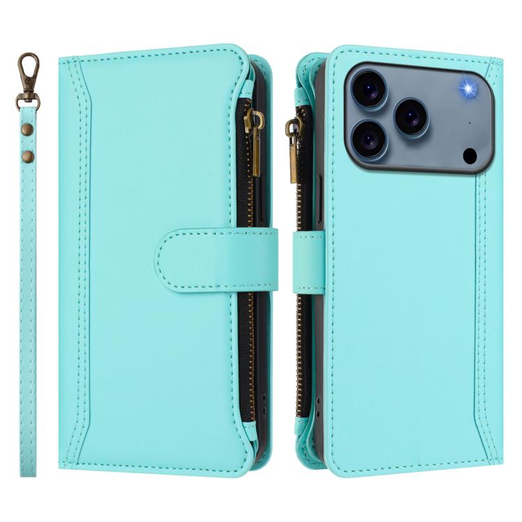 For iPhone 17 Pro Magnetic Closure 9 Card Slots Zipper Leather Case with Hand Strap