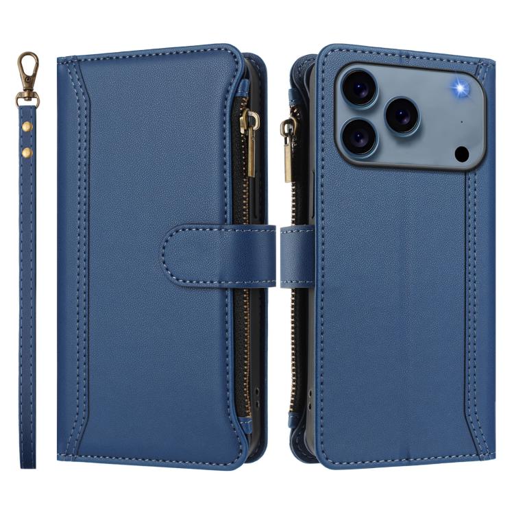 For iPhone 17 Pro Max Magnetic Closure 9 Card Slots Zipper Leather Case with Hand Strap