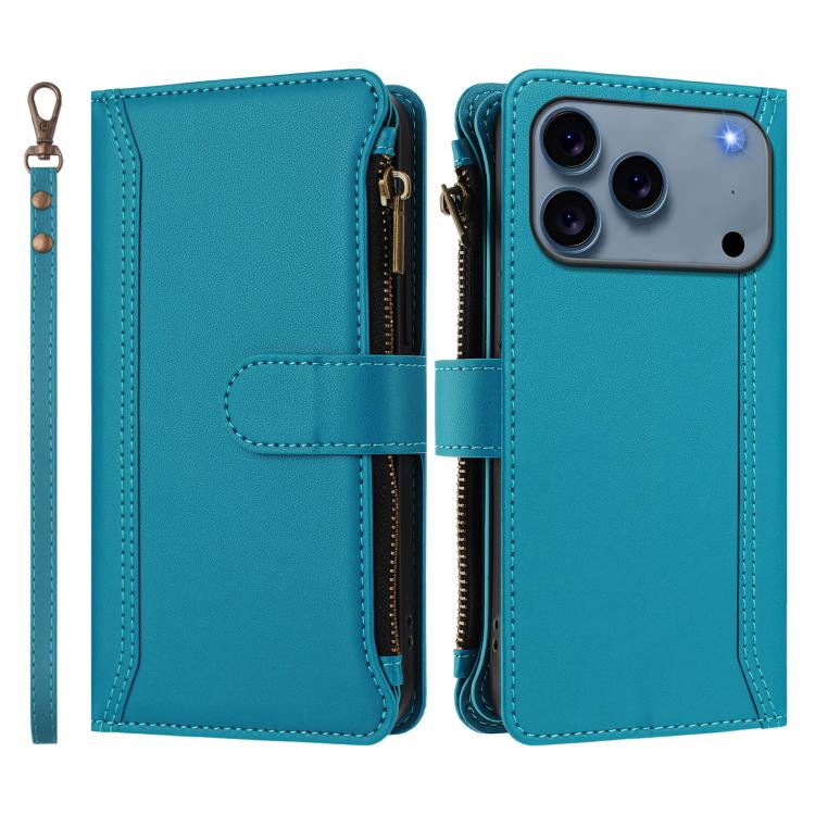 For iPhone 17 Pro Max Magnetic Closure 9 Card Slots Zipper Leather Case with Hand Strap
