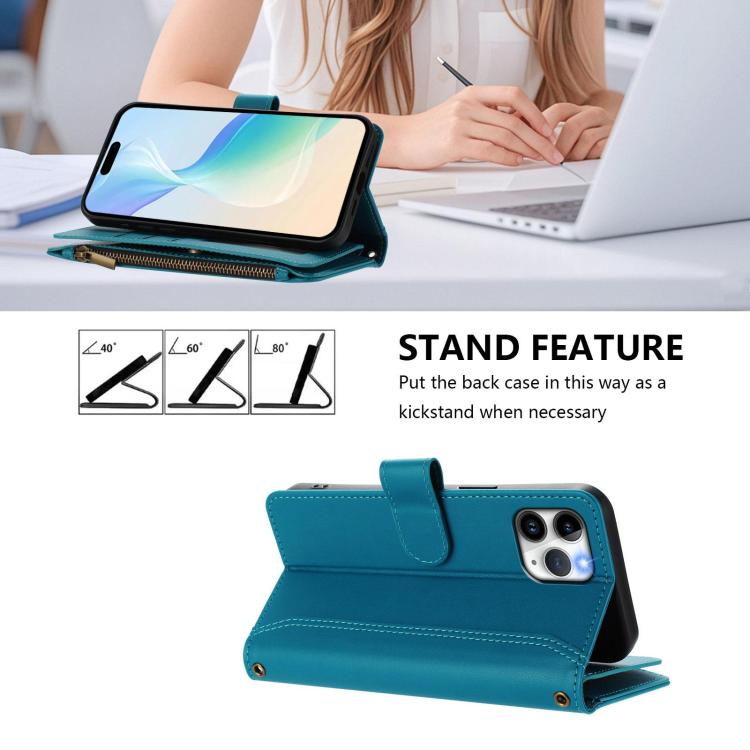 For iPhone 17 Pro Max Magnetic Closure 9 Card Slots Zipper Leather Case with Hand Strap