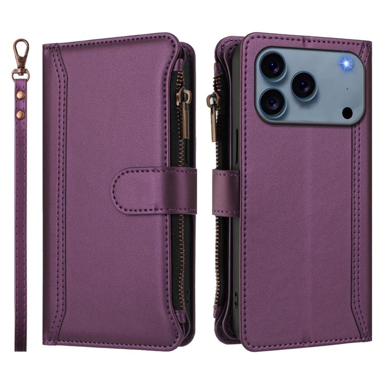 For iPhone 17 Pro Max Magnetic Closure 9 Card Slots Zipper Leather Case with Hand Strap