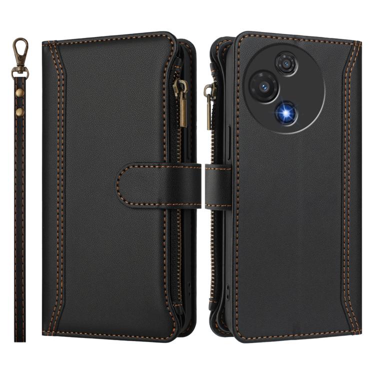For TCL 60R 5G Magnetic Closure 9 Card Slots Zipper Leather Case with Hand Strap