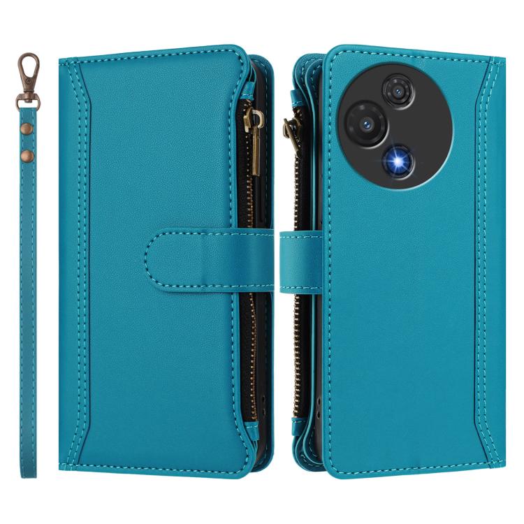 For TCL 60R 5G Magnetic Closure 9 Card Slots Zipper Leather Case with Hand Strap