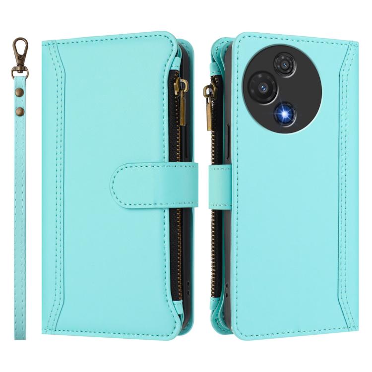 For TCL 60R 5G Magnetic Closure 9 Card Slots Zipper Leather Case with Hand Strap