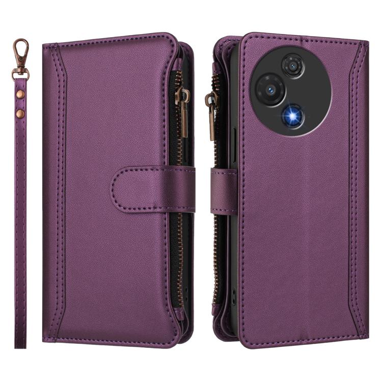 For TCL 60R 5G Magnetic Closure 9 Card Slots Zipper Leather Case with Hand Strap