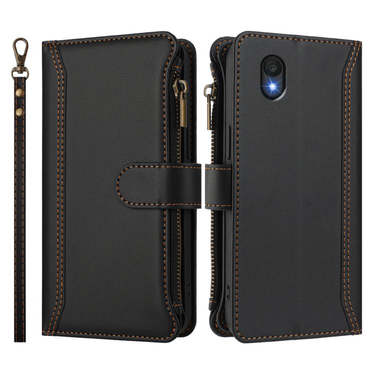 For TCL 201 Magnetic Closure 9 Card Slots Zipper Leather Case with Hand Strap
