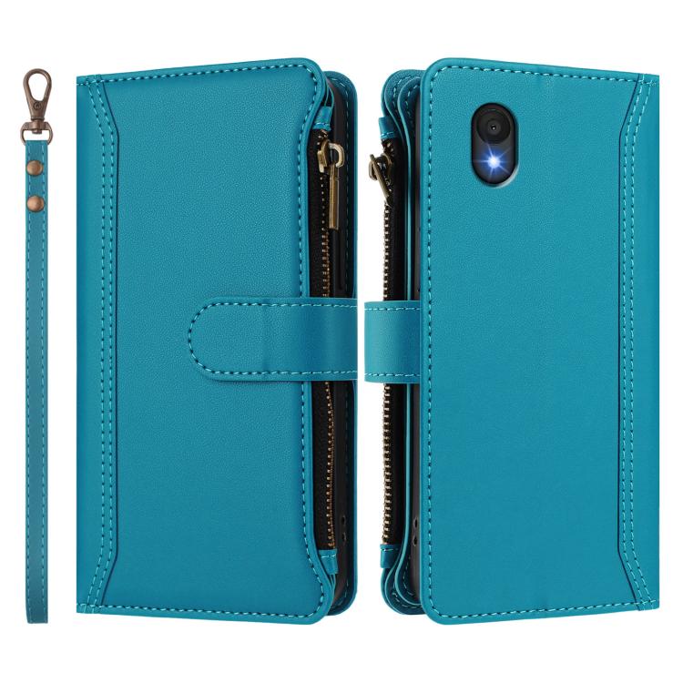For TCL 201 Magnetic Closure 9 Card Slots Zipper Leather Case with Hand Strap