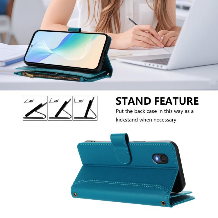 For TCL 201 Magnetic Closure 9 Card Slots Zipper Leather Case with Hand Strap