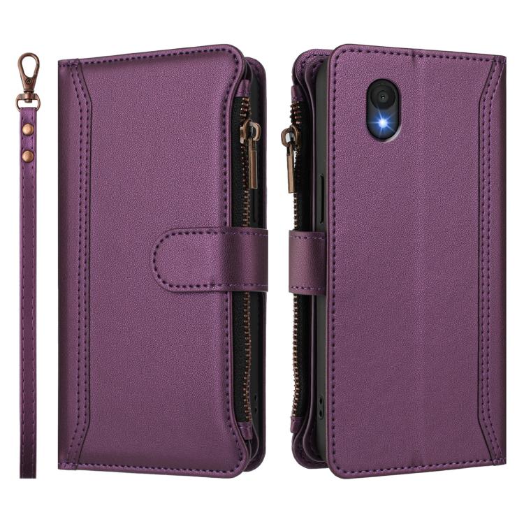 For TCL 201 Magnetic Closure 9 Card Slots Zipper Leather Case with Hand Strap
