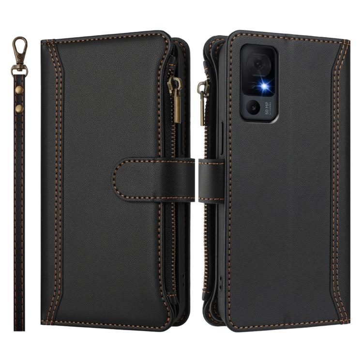 For TCL 40 XL / 40 T Magnetic Closure 9 Card Slots Zipper Leather Case with Hand Strap