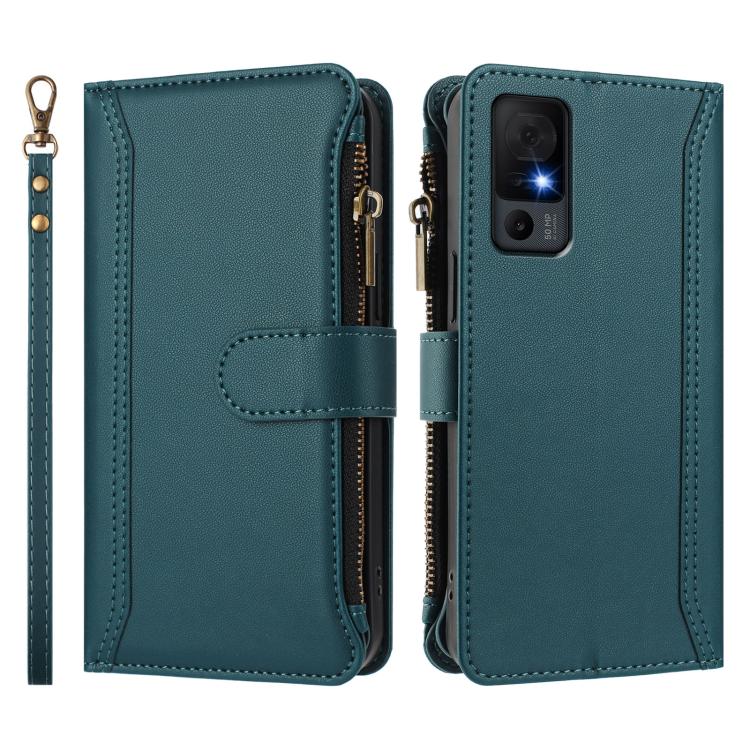 For TCL 40 XL / 40 T Magnetic Closure 9 Card Slots Zipper Leather Case with Hand Strap
