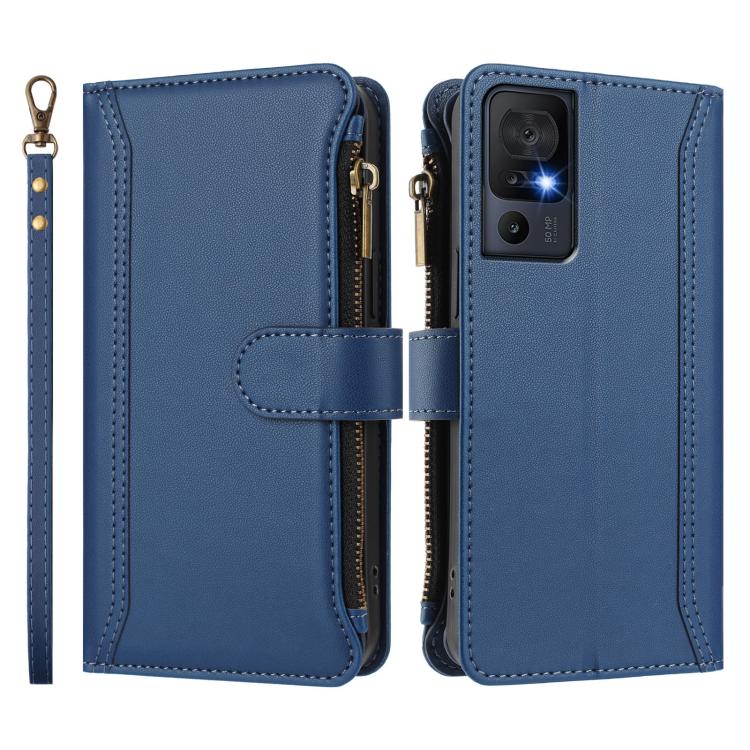 For TCL 40 SE Magnetic Closure 9 Card Slots Zipper Leather Case with Hand Strap